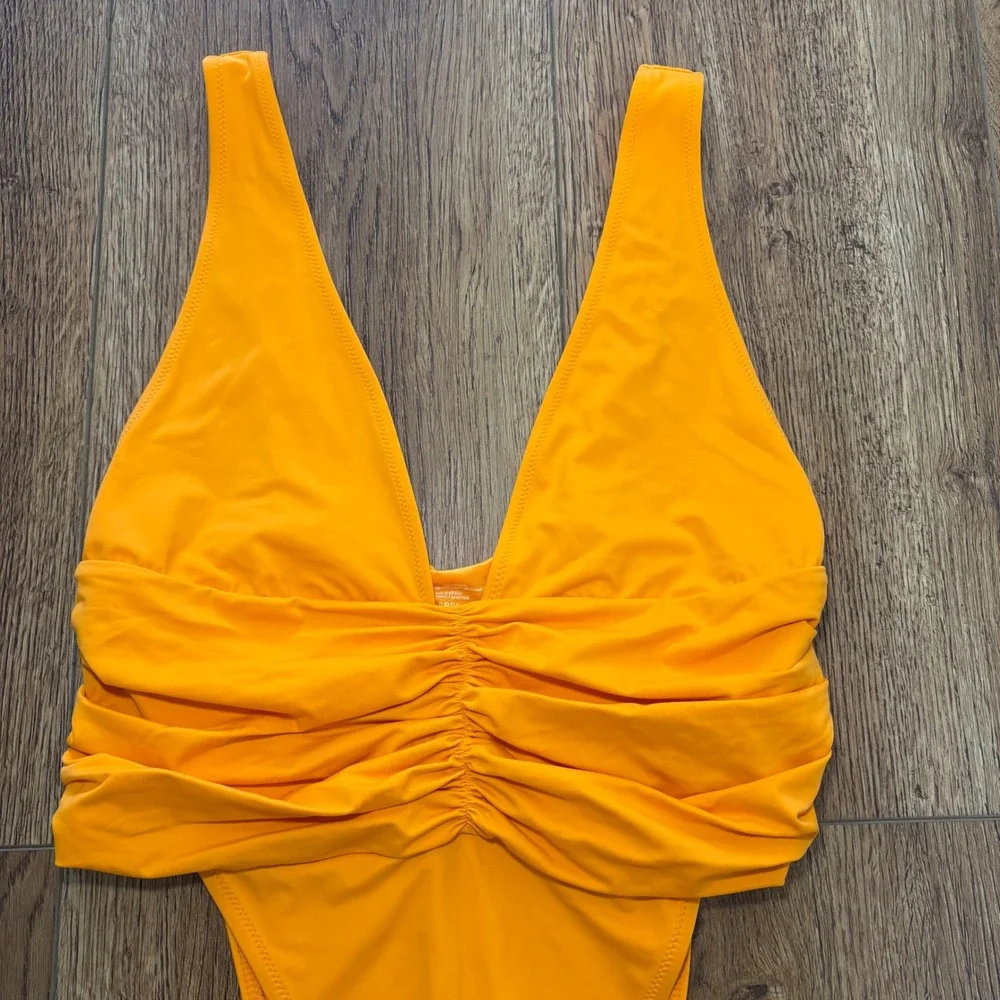 Aerie Shine Plunge Ruched One Piece Cheekiest Womens Large Orange Swimsuit beach